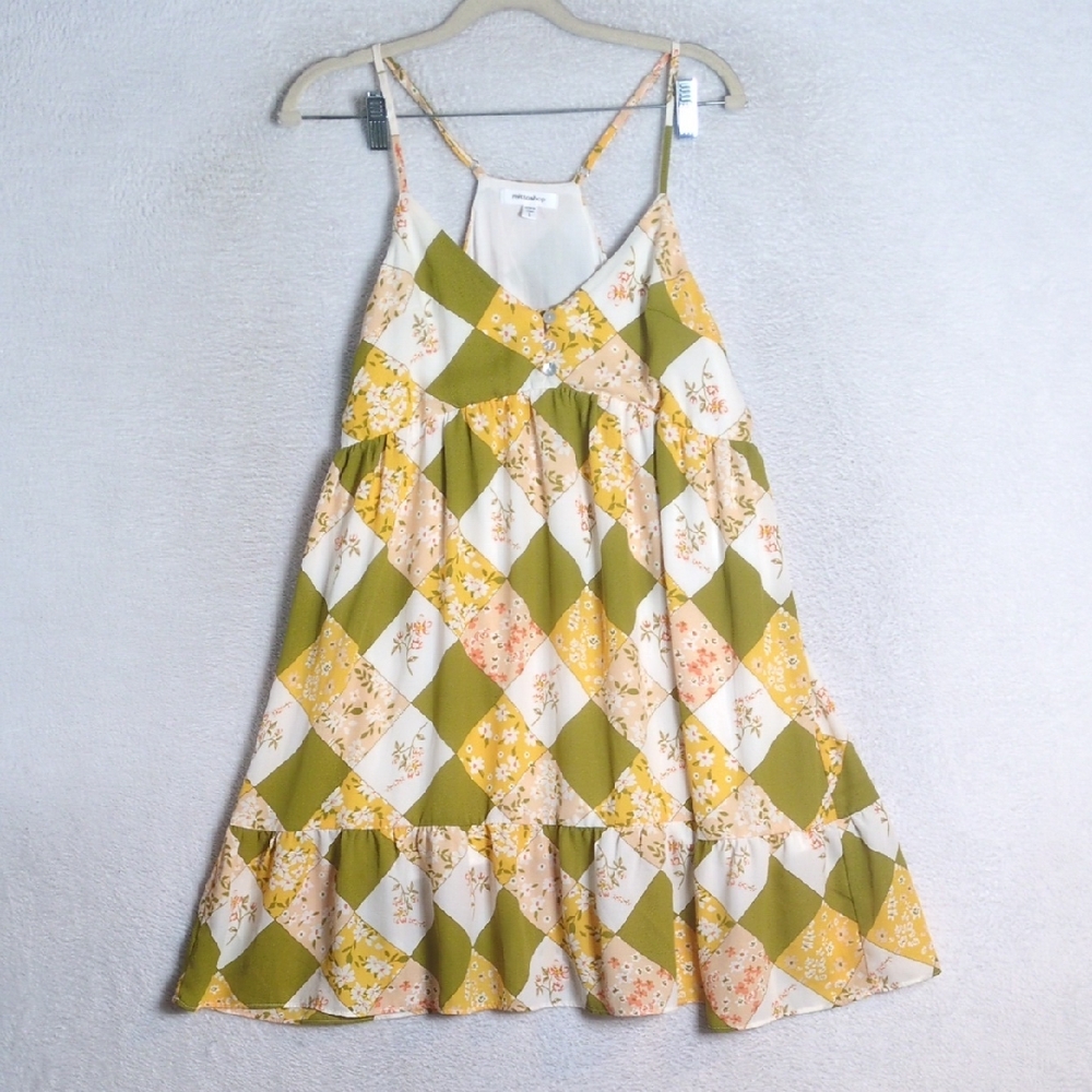 mittoshop Women's Green & Yellow Patchwork Boho Gypsy Sleeveless Dress Size S